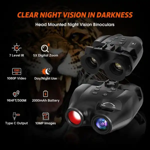 1080P FHD Night Vision Goggles 1.54" TFT Screen 850nm 7 Levels IR 300M 5X Digital Zoom Vision Night alternate view