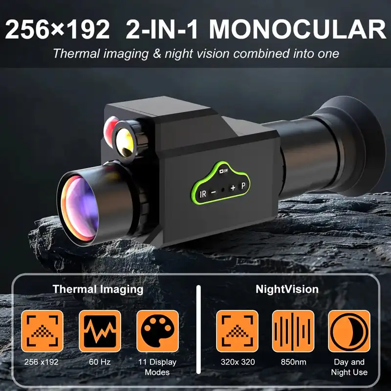 Full Color 256*192px 60Hz 11Color Palettes 2-IN-1 Thermal Imaging Monocular with 320*320px 850nm Night alternate view