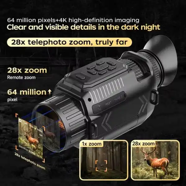 4K IR Night Vision Monocular with Animal Sound Imitator 1.54" IPS Screen 64MP 28X Zoom WiFi Monocular alternate view