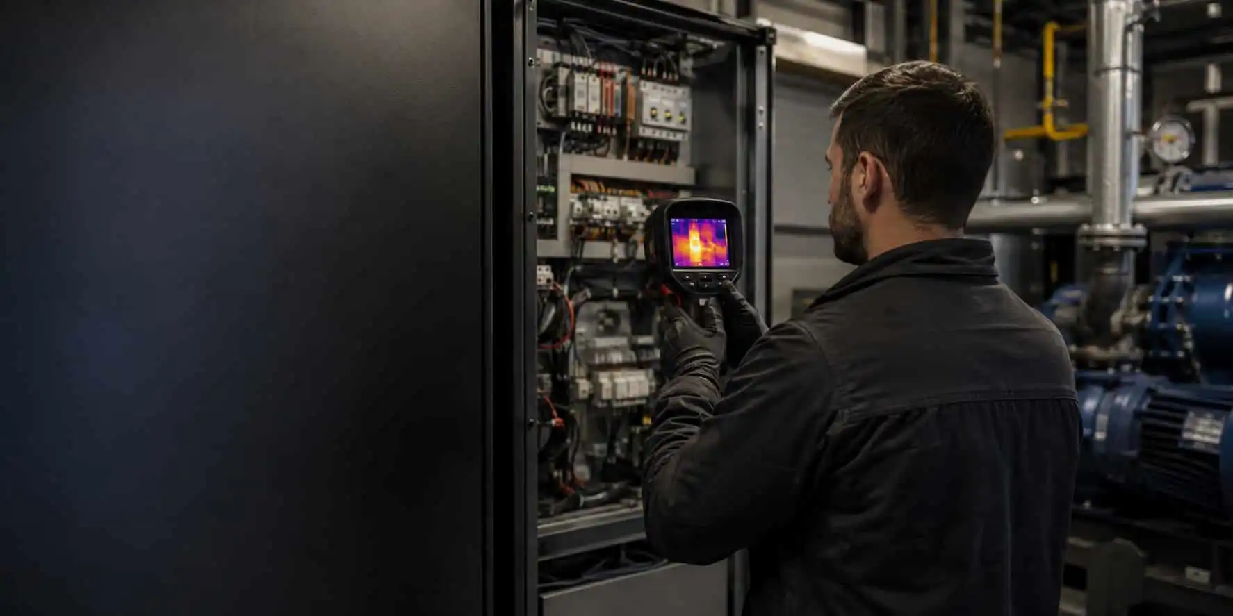 Technician using a handheld thermal imager during an industrial equipment inspection