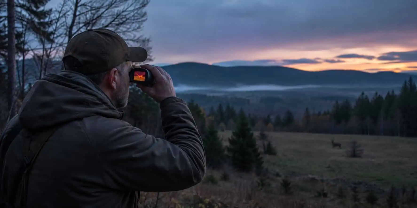 Outdoor wildlife observer using a handheld thermal monocular at dusk