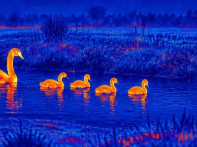 Binoculars thermal night vision guide with an illustrative thermal view of a waterbird family at a pond