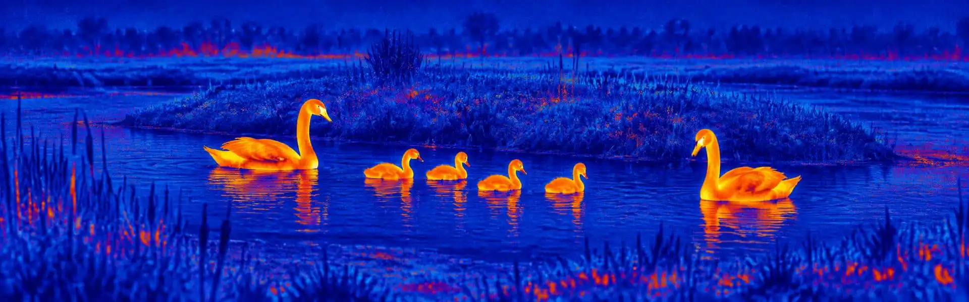 Binoculars thermal night vision guide with an illustrative thermal view of a waterbird family at a pond