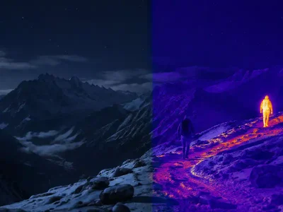 Thermal monocular for hunting guide: illustrative view of a mountain landscape shown in visible and illustrative thermal views