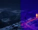 Thermal monocular for hunting guide: illustrative view of a mountain landscape shown in visible and illustrative thermal views