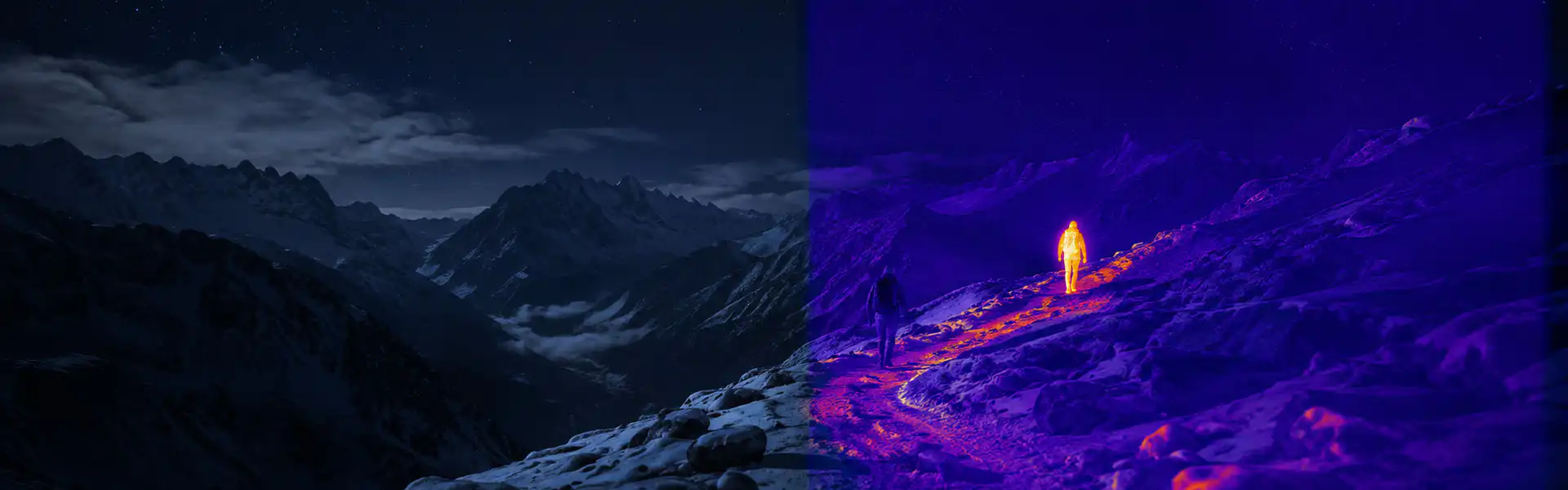 Thermal monocular for hunting guide: illustrative view of a mountain landscape shown in visible and illustrative thermal views