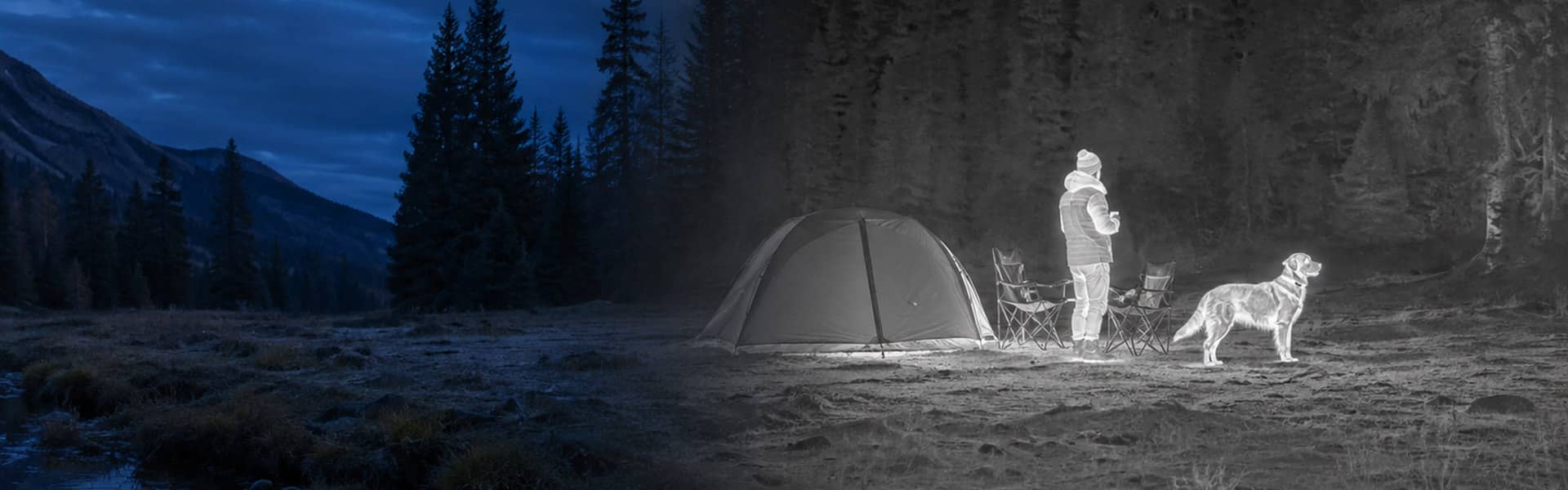 Night vision goggles with thermal imaging guide: illustrative view of a campsite with a person and an animal