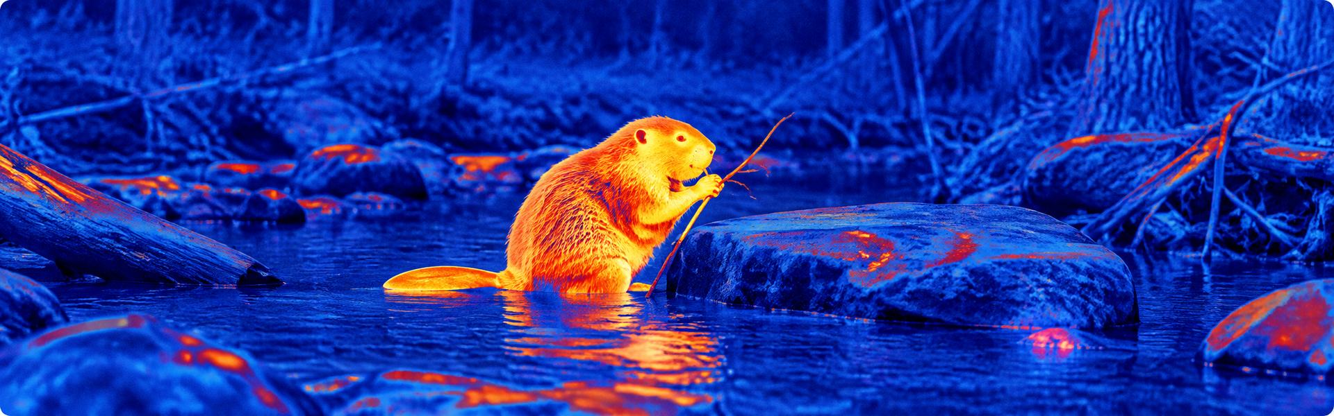 Thermal optic goggles guide: illustrative view of a beaver-like animal in shallow water