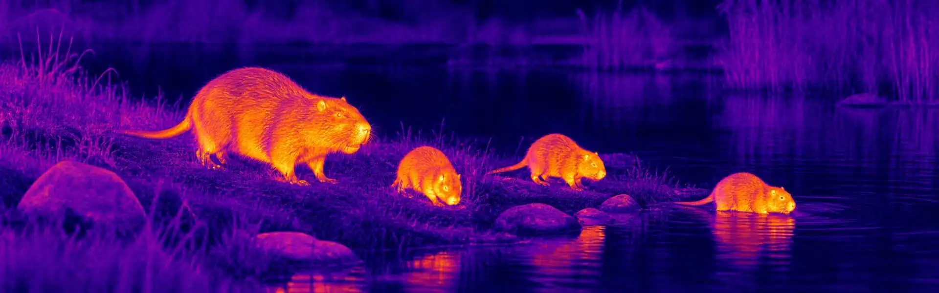 Budget thermal goggles guide: illustrative view of small mammals near water