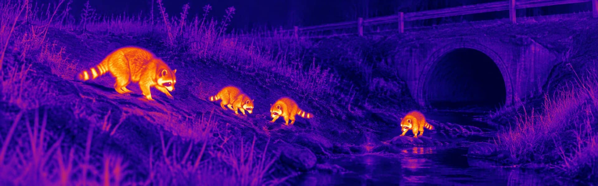 Thermal optics hunting guide: illustrative view of canines near a culvert