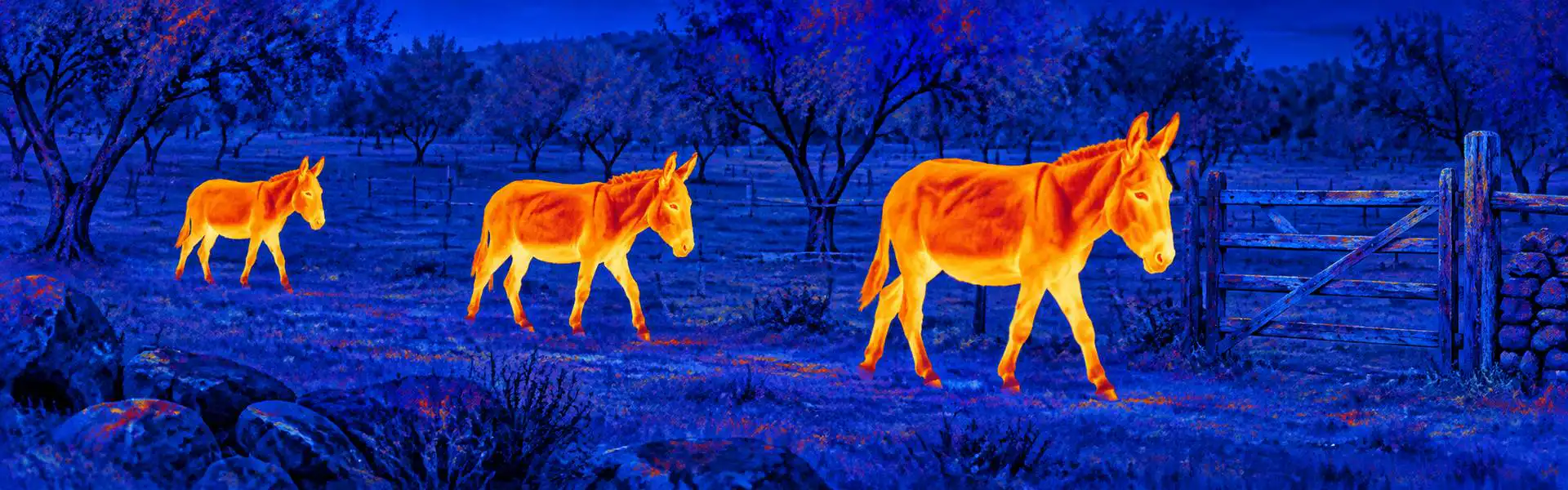 Thermal night vision goggles guide: illustrative view of canines in a rural clearing